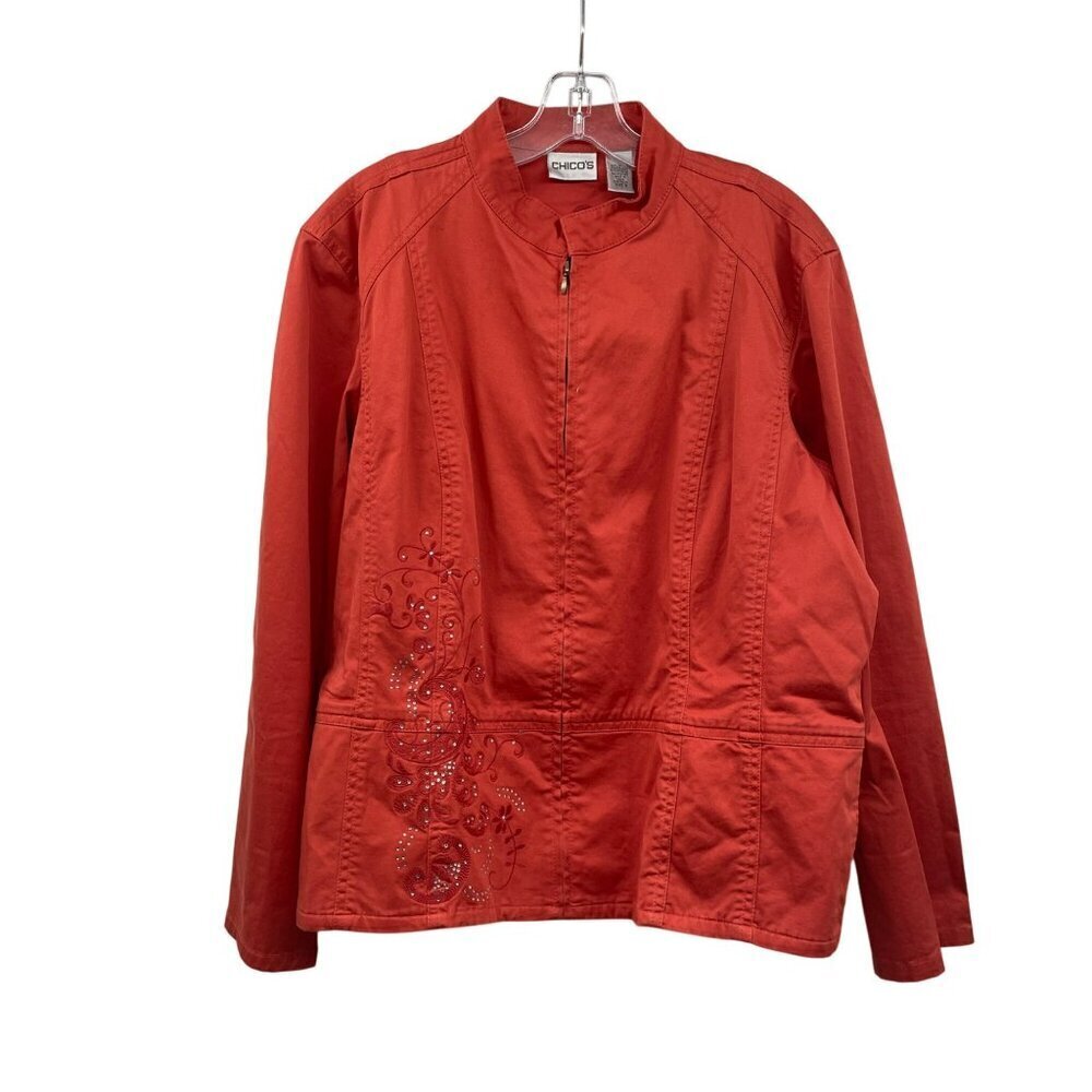 Chico's Womens Jacket Full Zip Embroidered Rhinestone Orange Size XL